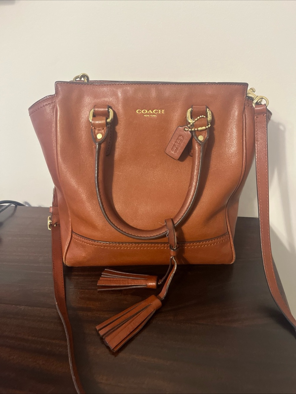 Coach Leather Shoulder Tote in Cognac Brown